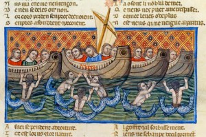 Krisztus és a szirének  Benoit de Saint-Maure Trója-regényének (1155-1160) egyik miniaturája (1340-1350)