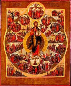 Jézus életének eseményei középkori orosz ikonon. Forrás: http://en.wikipedia.org/wiki/File:Church_of_Christ_icon.jpg