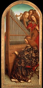 Zenélő angyalok - részlet a genti oltárképről. Van Eyck testvérek, 1432