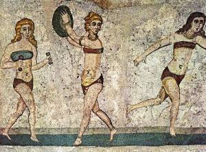 Sportoló lányok. 4. századi mozaik. Forrás: http://ancientolympics.arts.kuleuven.be/picEN/slides/P0147.jpg.html